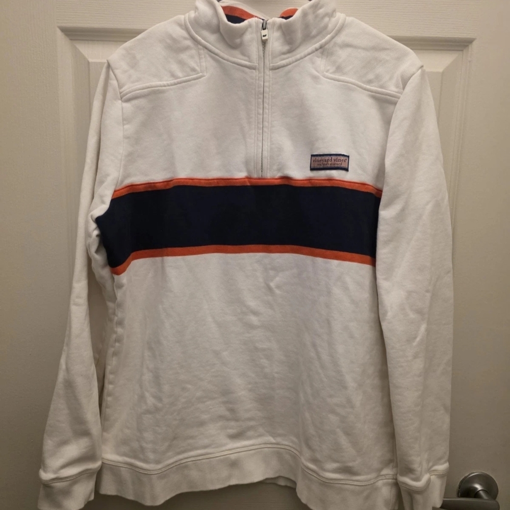 Men's Vineyard Vines Varsity Shep Shirt White Blue 1/4 Zip Stripe Large
